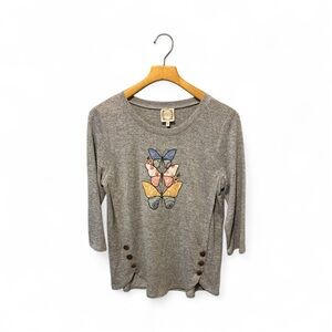 Truself Gray Butterfly Print 3/4 Sleeve Women's Top Medium